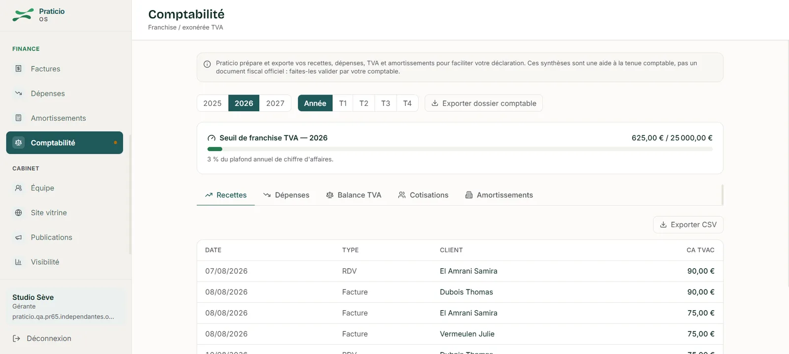 Comptabilité Praticio : recettes, seuil de franchise TVA et cotisations.