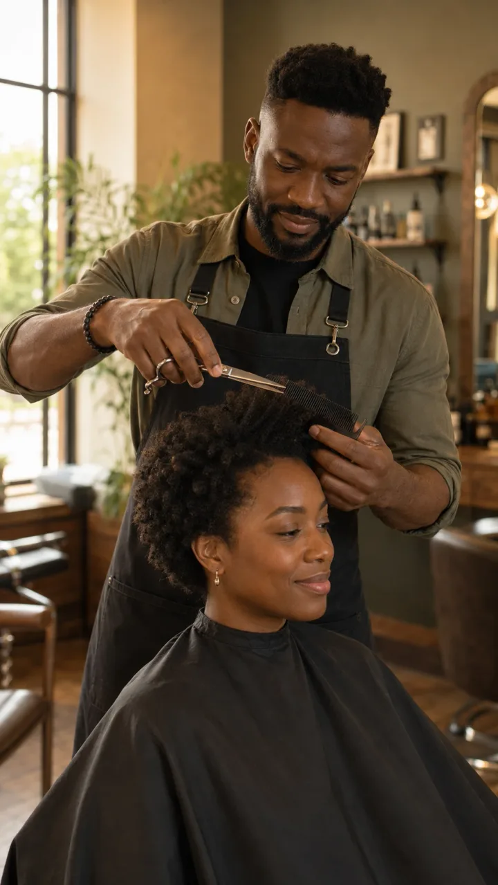 Coiffeur coupant les cheveux de sa cliente