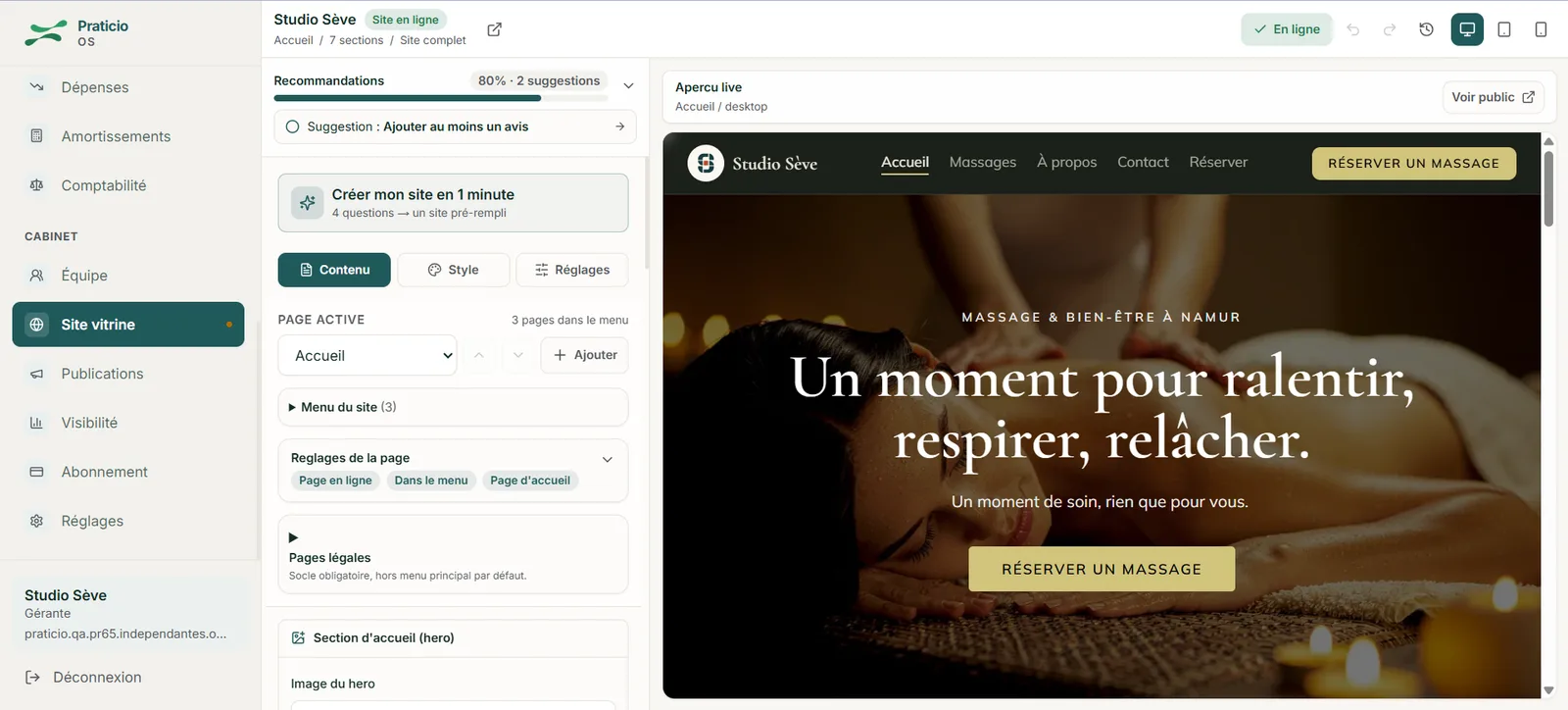 Éditeur de site vitrine Praticio, avec aperçu live du site publié.